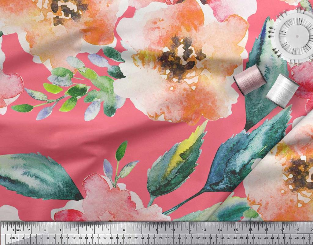 Soimoi Японский креп-атласная ткань с цветами и листьями, акварельный принт, швейная ткань, метр 42 дюйма