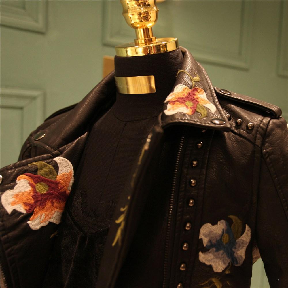 Women's Spring and Autumn Temperament Embroidered Rivets Women's Slim PU Heavy Metal Leather Short Jacket for Women