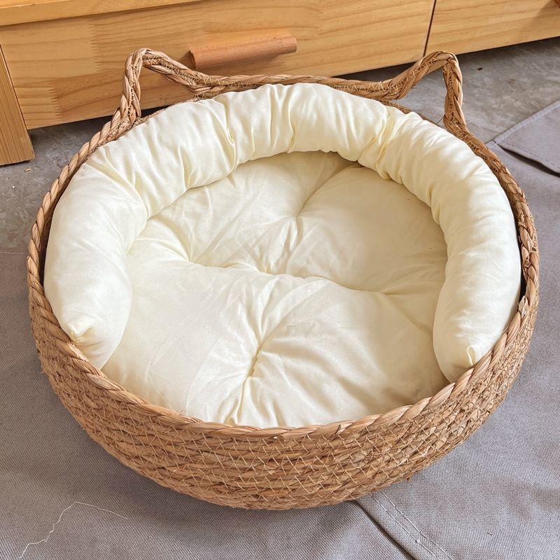 OUZEY Rattan Weaving Cat Basket Pet Cat Bed With Cushion Soft Warm Puppy Kitten Bed Donut Round Comfortable Sleeping Cat House