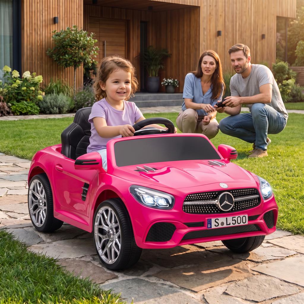 Electric Ride-On Car, 12V, Mercedes-Benz SL500, 3-5 km/h, 2 Motors, Remote, Ages 3-5, Pink