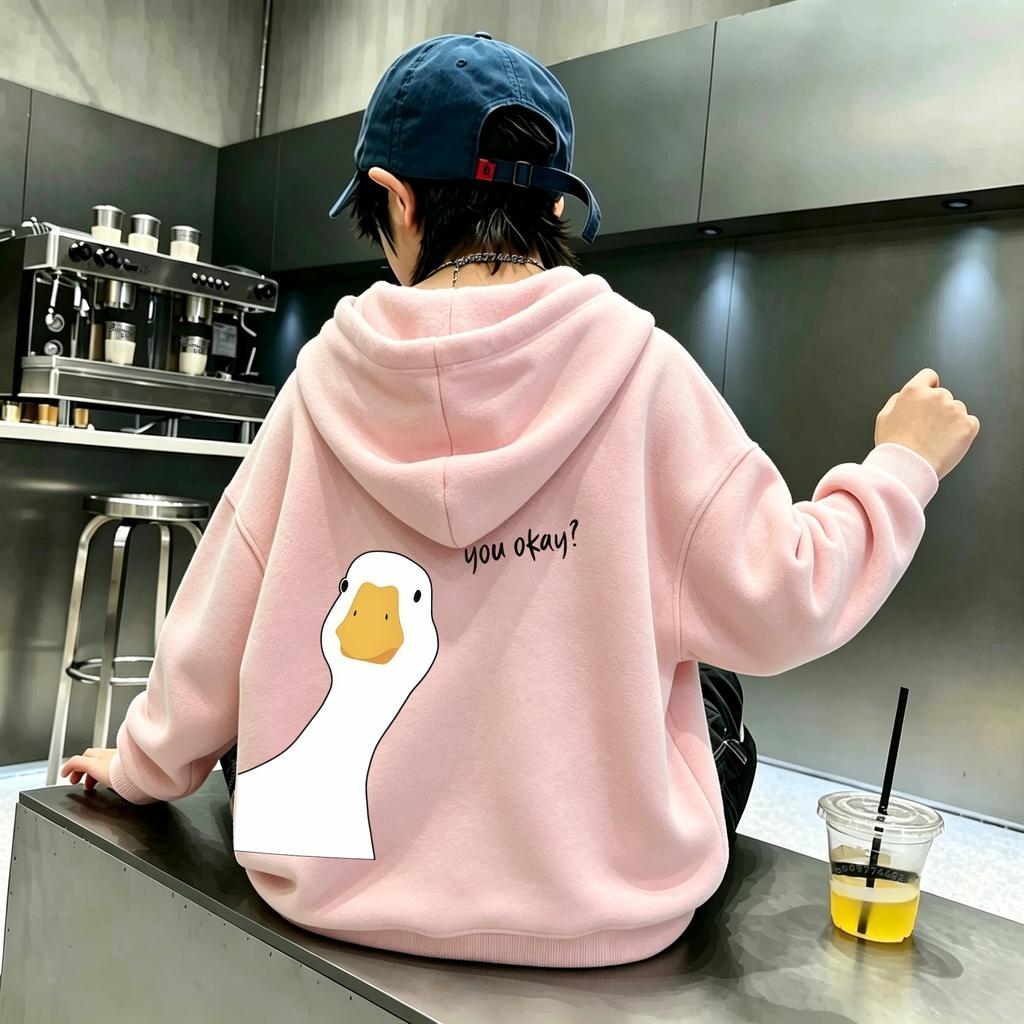 Latest model - Fun cartoon white goose pattern "Are you okay?" Children's loose oversized casual hooded sweatshirt