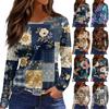 Women's Fashion Hem Slit Casual Retro Floral Print Round Neck Long Sleeve Top