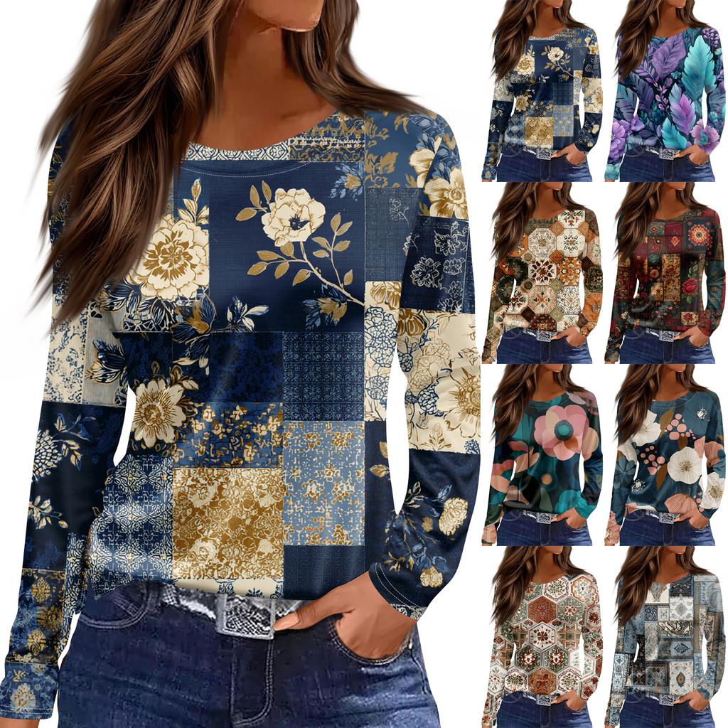 Women's Fashion Hem Slit Casual Retro Floral Print Round Neck Long Sleeve Top