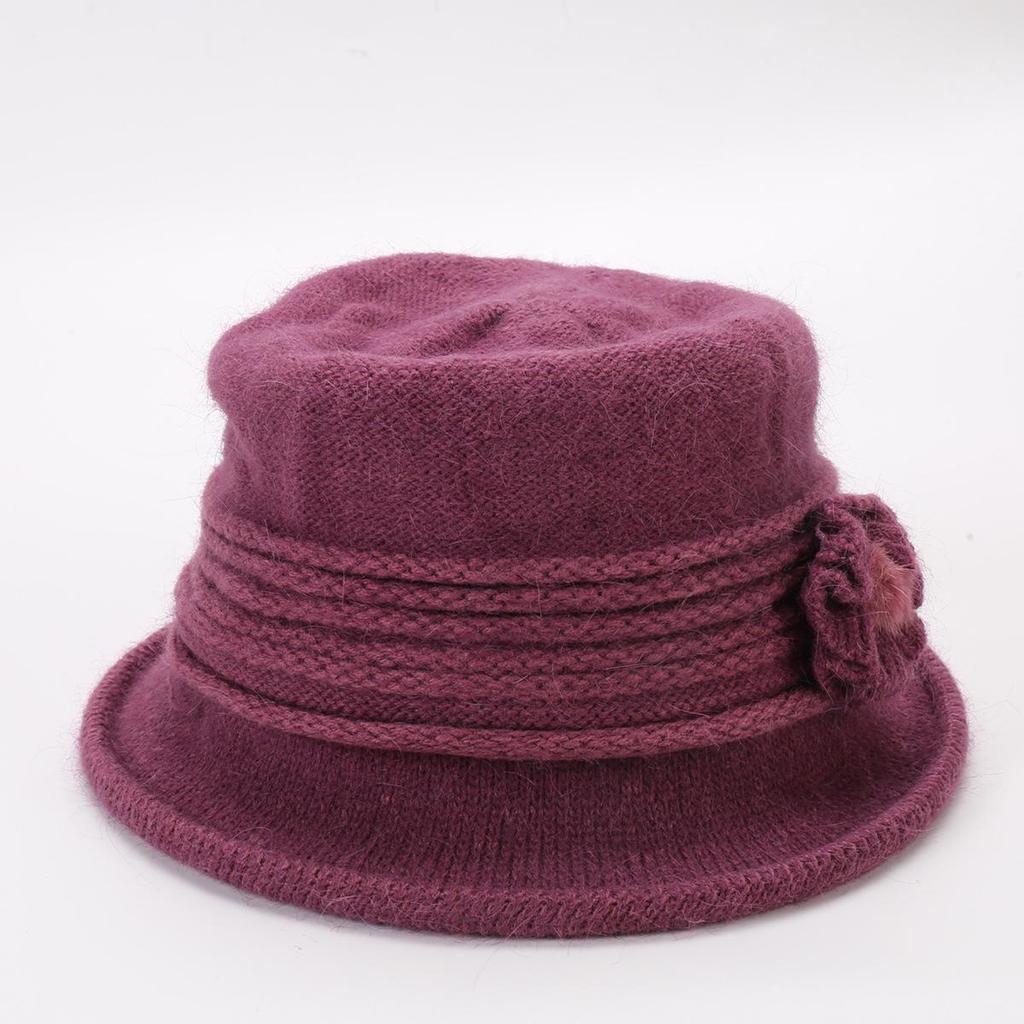 Women's Knitted Women's Rabbit Proof Wool Pot Hat Autumn Winter Thickened Warm Keeping Mother's Hat Flower