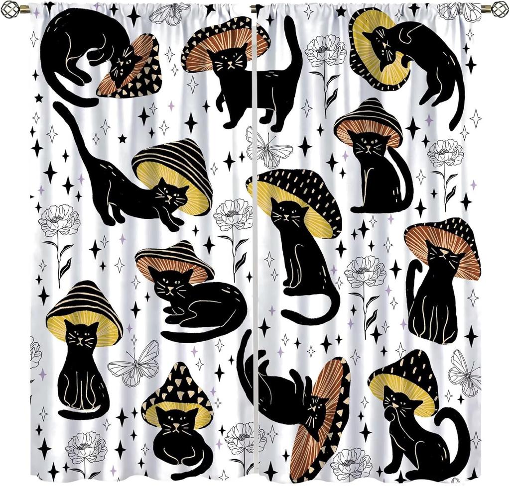Mid Century Moon Cat Curtain Retro Black Cat Leaves Sun Moon Leaves Boho Abstract Geometric Arch 70s Window Drapes for Bedroom