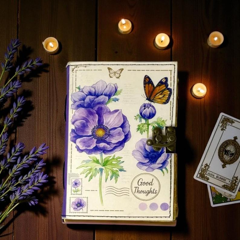 Lavender Floral Leather Journal | “Good Thoughts” Handmade Diary 5×7" | 200 Deckle Edge Pages | Butterfly Botanical Art Notebook with Lock