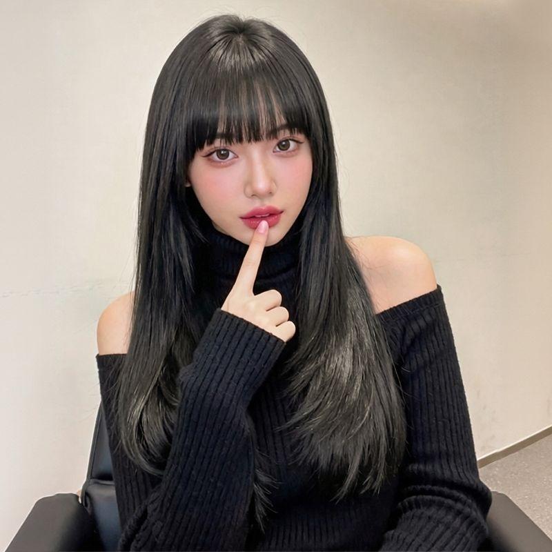Natural-Looking Black Straight Long Wig with Straight Bangs—Bangs-Style Wig, Perfect for Everyday Wear or Anime Cosplay