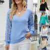 Женский однотонный вязаный свитер с v-образным вырезом и длинным рукавом из кружева, пуловер, свитер