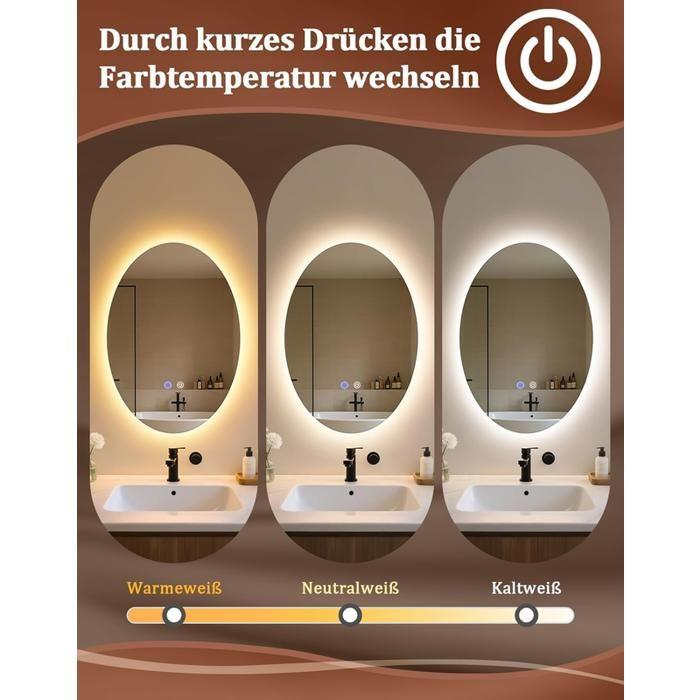Miroir de salle de bain - NETTLIFE - 50x70 cm - IP44 - Interrupteur tactile - Anti‑buée, 3000–6500K dimmable