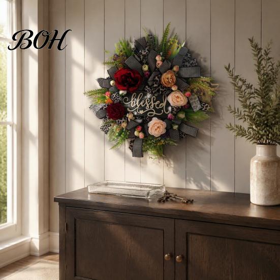 Blessed Decorative Plate Fall Leopard Print Wreath for Front Door, Artificial Floral with Three Dimensional Flower Garland Sign, Faux Peony
