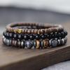 Handmade 3Pcs Men Bracelet Set Natural Coconut Husk Beads Braslet Lava Tiger Eyes Hematite Stone Wrap Braclet Meditation Pulsera