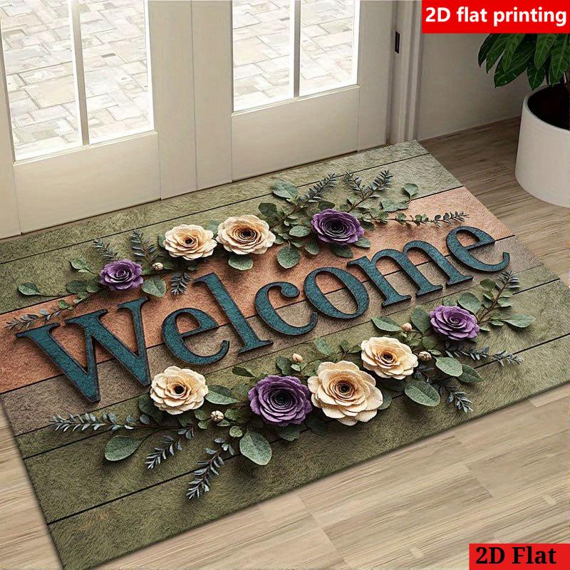 2D Flat Printed, 1pc Vintage Wooden Board Design with Purple and White Rose Pattern Doormat, Made of Flannel Material, Perfect for Entryways, Patios,