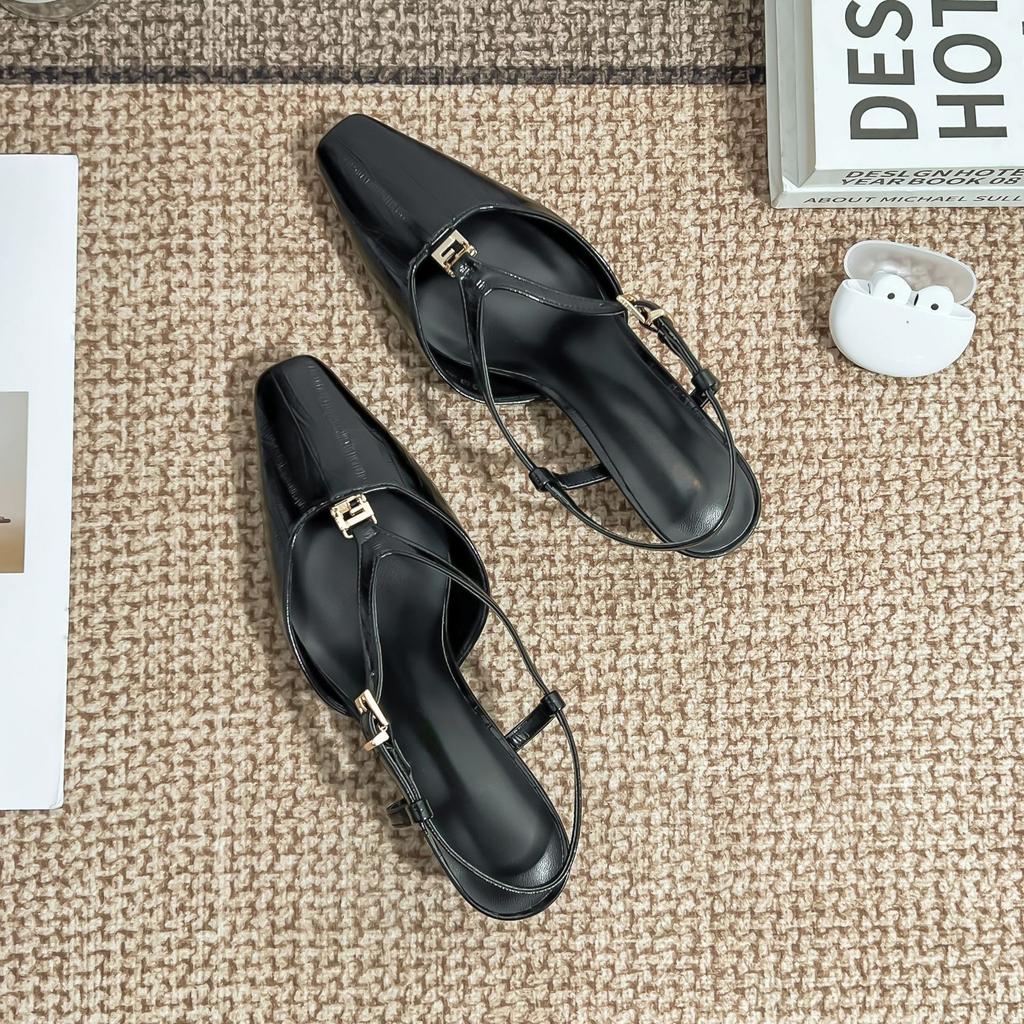 2025 Summer New Bag Head Cool Slippers Women's Rear Empty Single Shoes Thick Heel High Sense French High Heels Are Not Tired