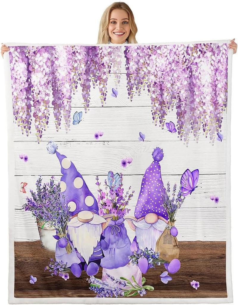 GUOYU Blanket Cute Gnomes Throw Blanket Purple Vine Flower Butterfly Blanket for Couch Sofa Lavender Bouquet Bed Blanket for Kids Boys Girls