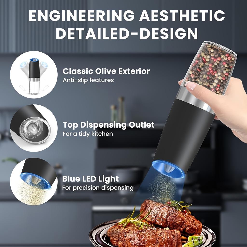 Электрические мельницы для соли и перца с гравитационным механизмом, работающие от батареек, со светодиодной подсветкой, автоматическое управление одной рукой