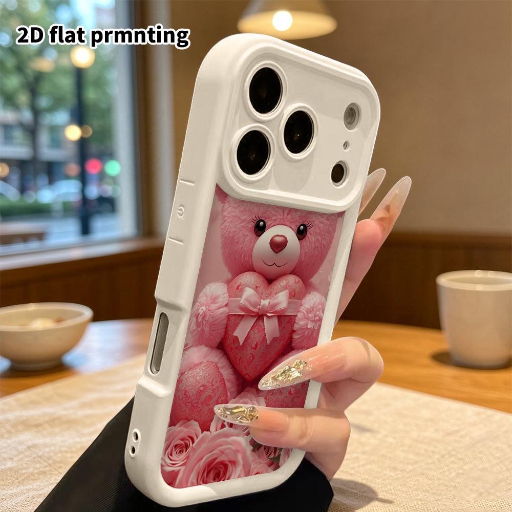 Phone case: 2D flat design suitable for iPhone 18 17 16 15 14 13 Pro tiered protective case, pink big bear, Christmas and Halloween gift