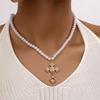 Korean High-End Diamond & Pearl Cross Pendant Necklace