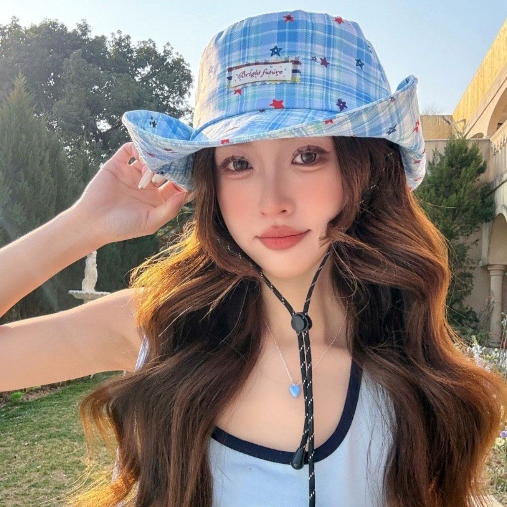 Sun Protection Women Sun Hat Star Sunscreen Bucket Hat Fashion Plaid Fisherman Hat Climbing