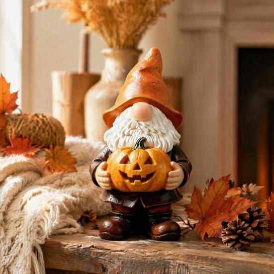 Weather Resistant Gnome Decor Halloween Garden Statue, Faceless Holding Pumpkin Sculpture, Waterproof Lawn Statue Resin for Porch Yard Autumn