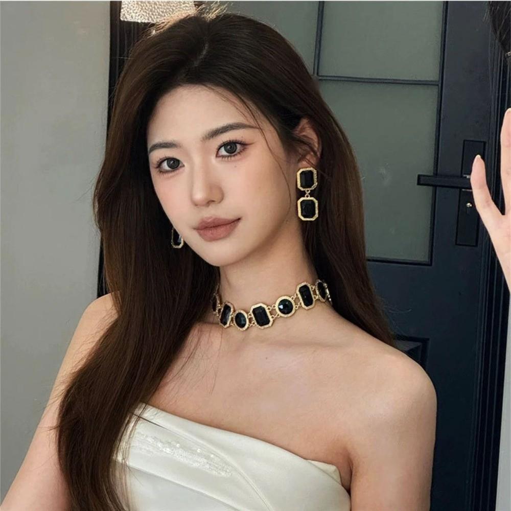 Медь Черный Геометрическое Ожерелье Цепочка на Ключицу Темный Стиль Цепочка на Шею Ретро Черные Серьги Вечеринка