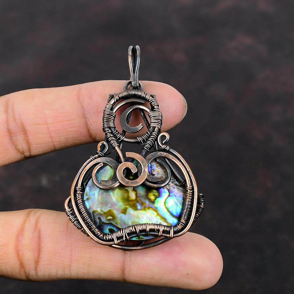 Подвеска из ракушки ушка, медная проволочная обертка, драгоценный камень из ракушки ушка, подвеска ручной работы, медные украшения, уникальный кулон, подарок для него