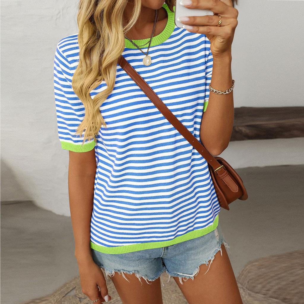 Женская модная свободная футболка с круглым вырезом в полоску с коротким рукавом и цветным узором