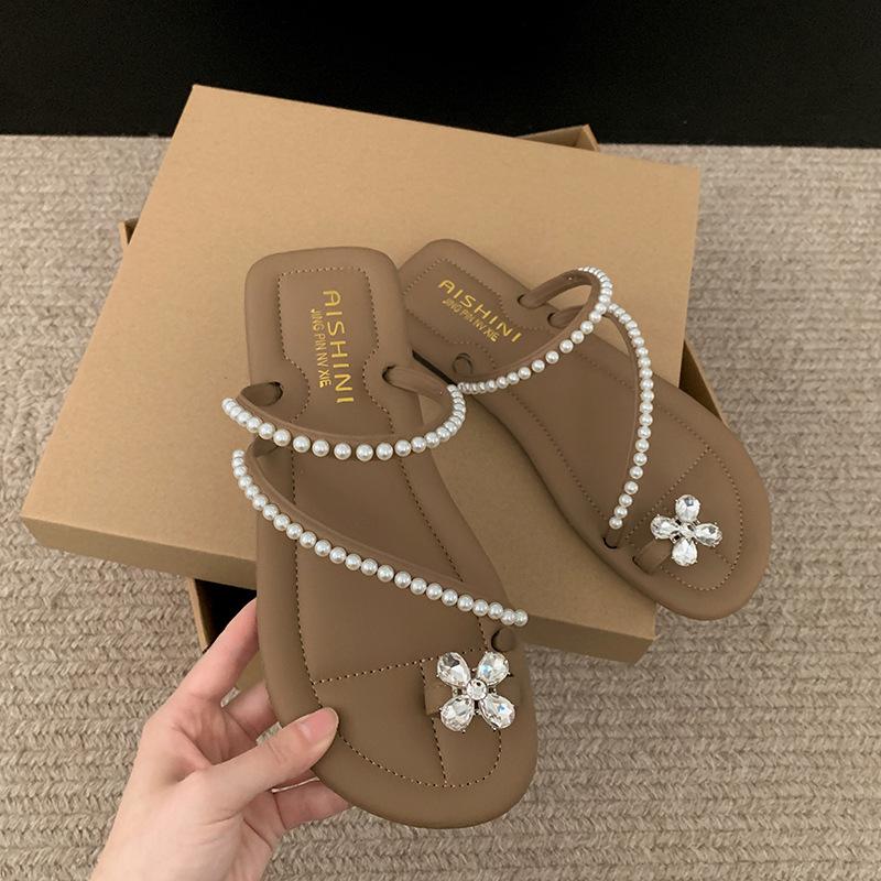 Французские тапочки со стразами на плоской подошве, женские, новинка 2025 года, универсальные, с нескользящим покрытием, с мягкой подошвой, классные тапочки