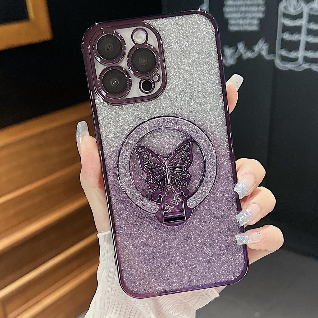 Для Apple 16 Чехол для телефона с кронштейном-бабочкой для IPhone 15 Promax Зеркальный с гальваническим покрытием Градиентный Блестящая пудра 14 Жесткий чехол