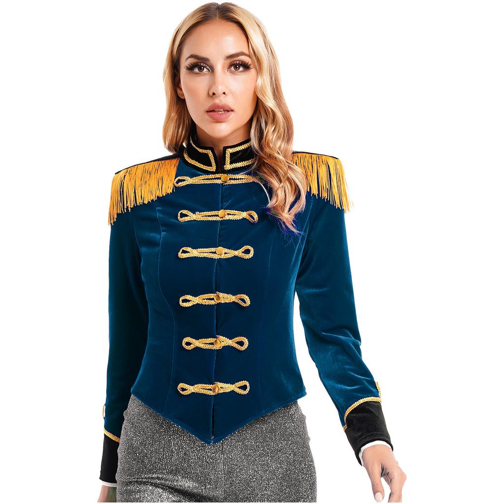 Womens Circus Ringmaster Costume Halloween Cosplay Stand Collar Fringed Shoulder Board Velvet Jacket