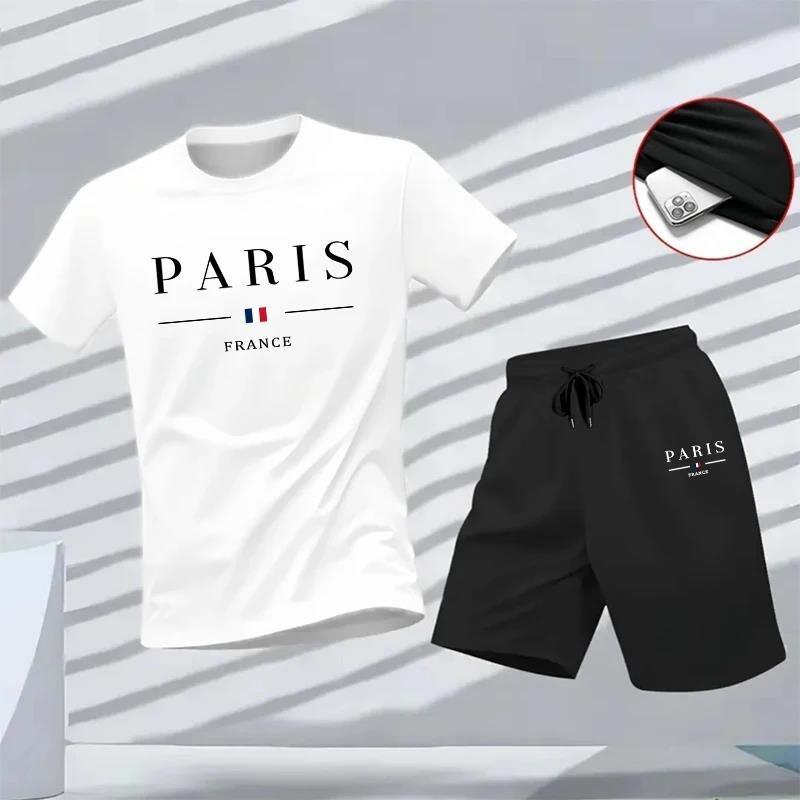 Летний Повседневный Спортивный Костюм для Бега Streetwear 2026 Горячая Распродажа Мужской Спортивный Костюм Модная Футболка с Принтом Paris и Шорты