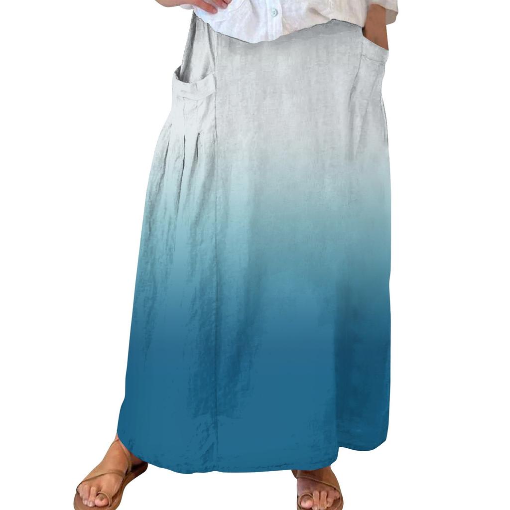 Women Casual Loose Boho Elastic Waist A-Line Beach Flowy Swing Vacation Maxi Skirt With Pocket