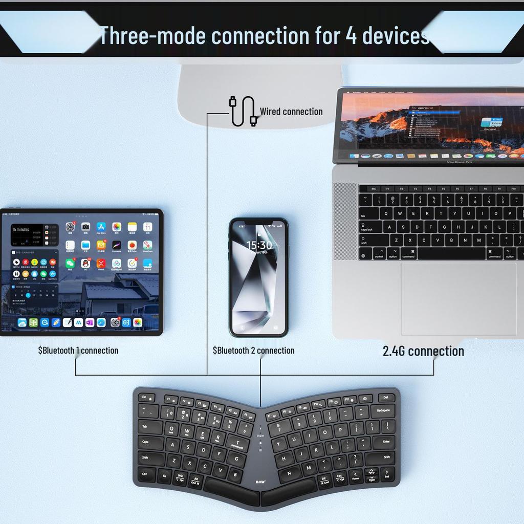 BOW Hangshi HD429CL Трехрежимная эргономичная клавиатура: Проводной, Беспроводной, Bluetooth, Перезаряжаемый, Бесшумный, Совместимый с USB.