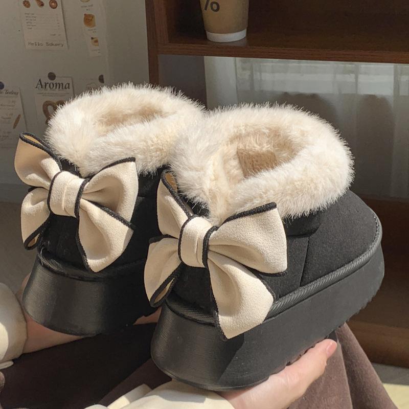 The New Wool Bag and Bow Cotton Shoes Can Be Worn Outside with Thick Soles To Increase the Height In Winter. Versatile Velvet Warm Snow Boots