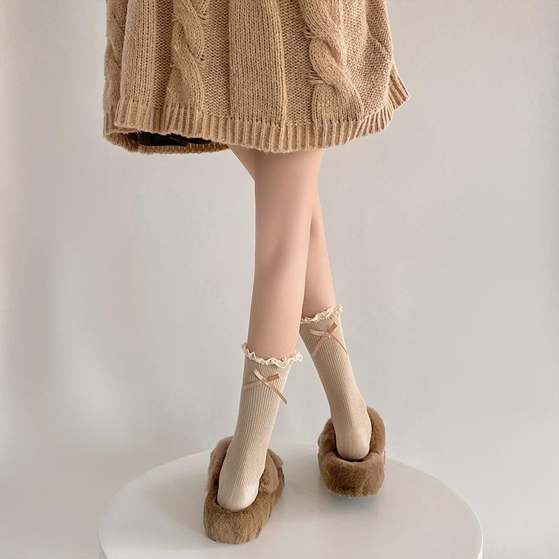 Кружевные носки, Милые гольфы до середины икры с лентами-бантами в стиле Лолита, Белые махровые длинные гольфы, Ретро