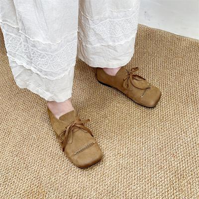 Ретро-лоферы из натуральной кожи, мягкая подошва, женские туфли на плоской подошве, универсальные, с квадратным носком, удобные, со шнуровкой