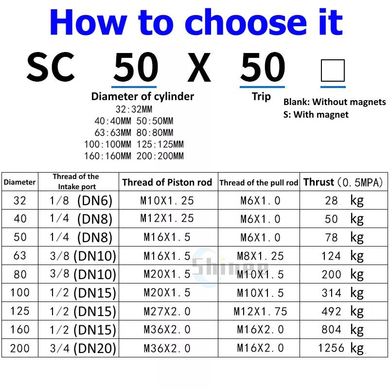 SC Standard Air Cylinder SC32/40/50/63mm Bore Small With Magnetic Pneumatic Cylinder Piston 25/50/75/100/150/200/250mm Stroke