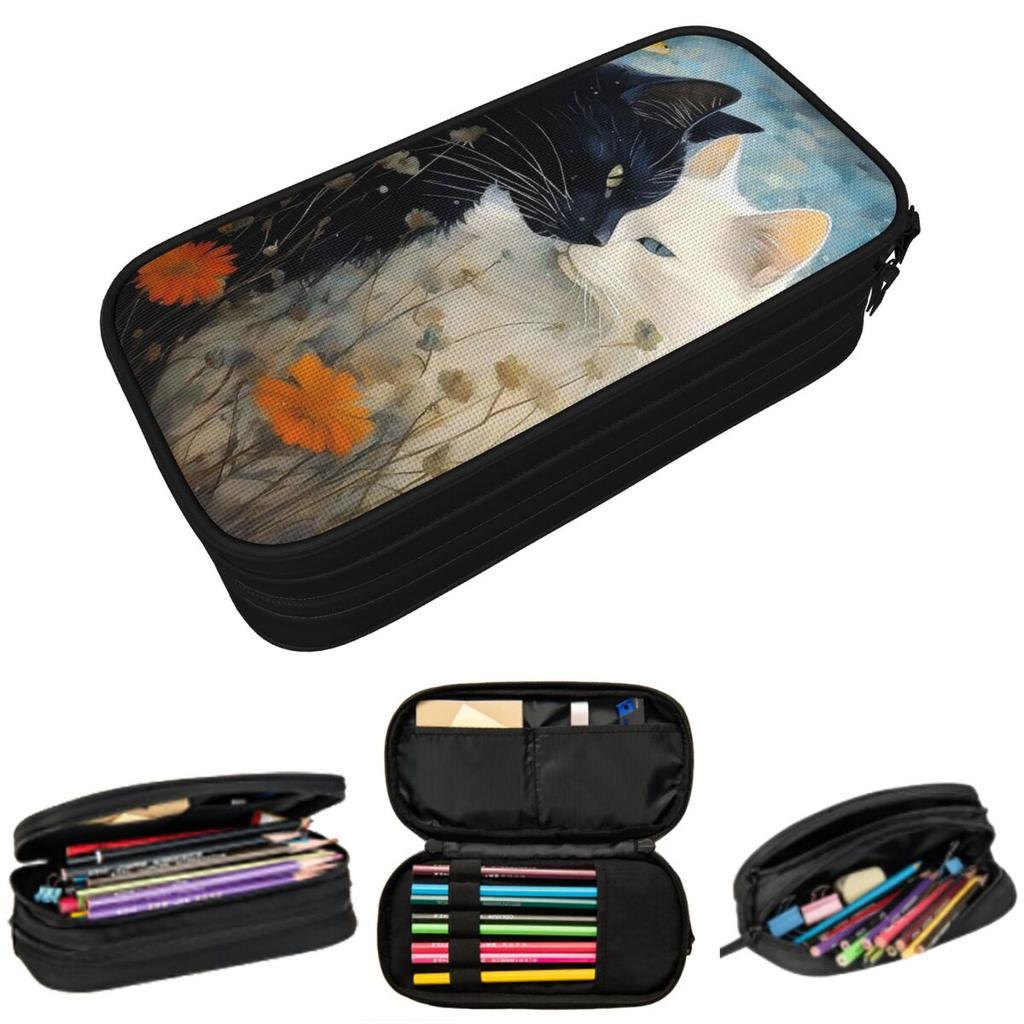 Illustration Of Two Cats Pencil Case for Studen School Pen Box Pencil Bag Stationery Supplies Pen Holder Bag