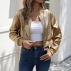 Women's Metallic Varsity Baseball Jacket Zipper Long Sleeve Cropped Coat Casual Autumn Winter Outerwear