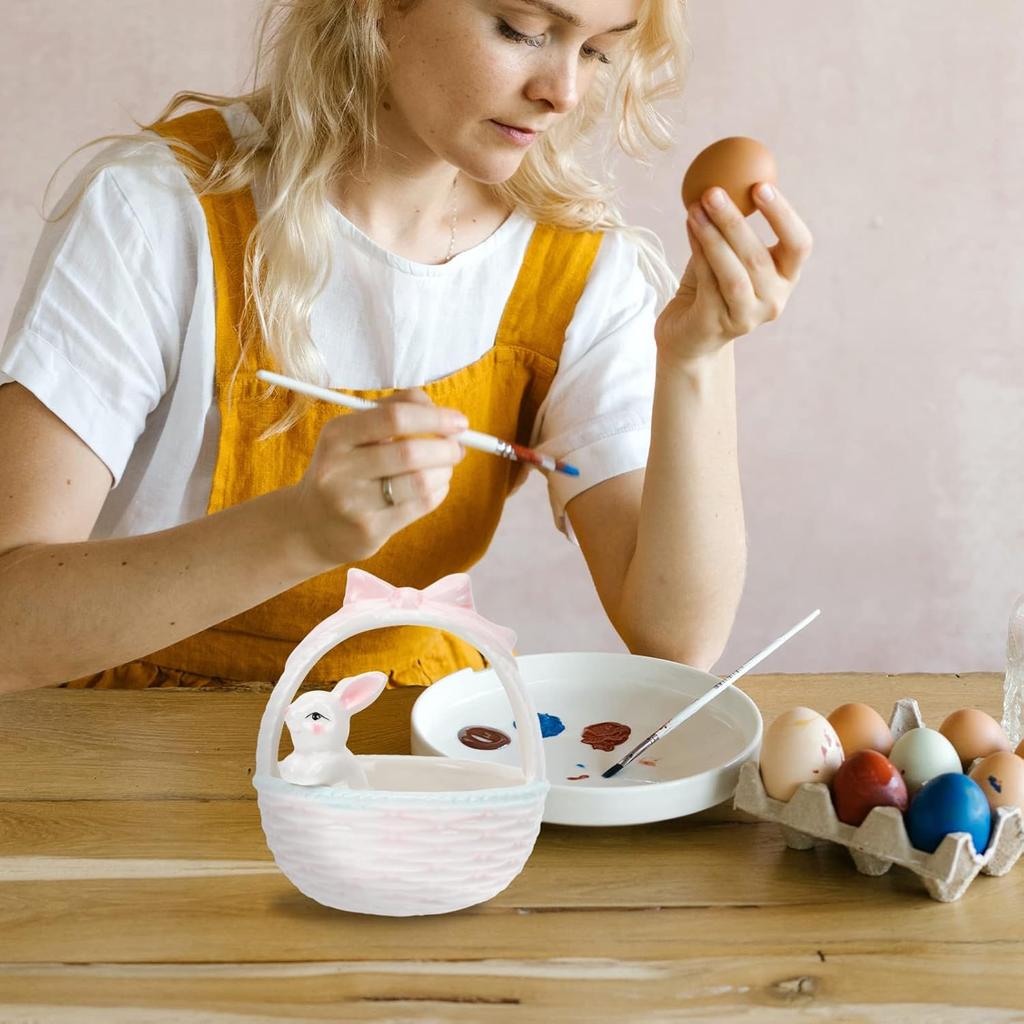 Пасхальная конфетница: 1 шт. Керамическая миска-кролик с ручкой, Розовый пасхальный кролик, Домашний декор, Корзина, Миска для конфет в виде кролика, Фигурка кролика, Ландшафтное украшение для