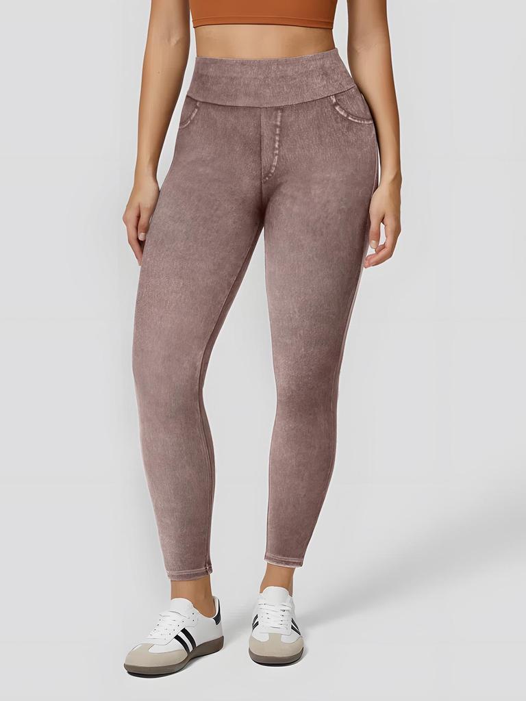 Брюки для йоги из искусственного денима в европейском стиле: Утягивающие, с высокой талией, контроль живота, подтягивающие ноги, увеличивающие бедра, с карманами.