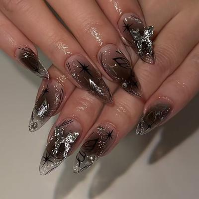 Накладные ногти с эффектом блеска, накладные ногти с темными пятнами, съемные накладные ногти в форме бабочки, ромб, 24 шт.