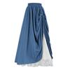 Women Lace Stitching Side Pleated Maxi Skirt Solid Color Double Layer Long Skirt Elastic High Waist Retro A Line Skirt
