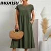 Summer Casual Loose Dress Women Short Sleeve O-Neck A-Line Ladies Dress with Pocket Office Ladies Cotton Linen Dresses