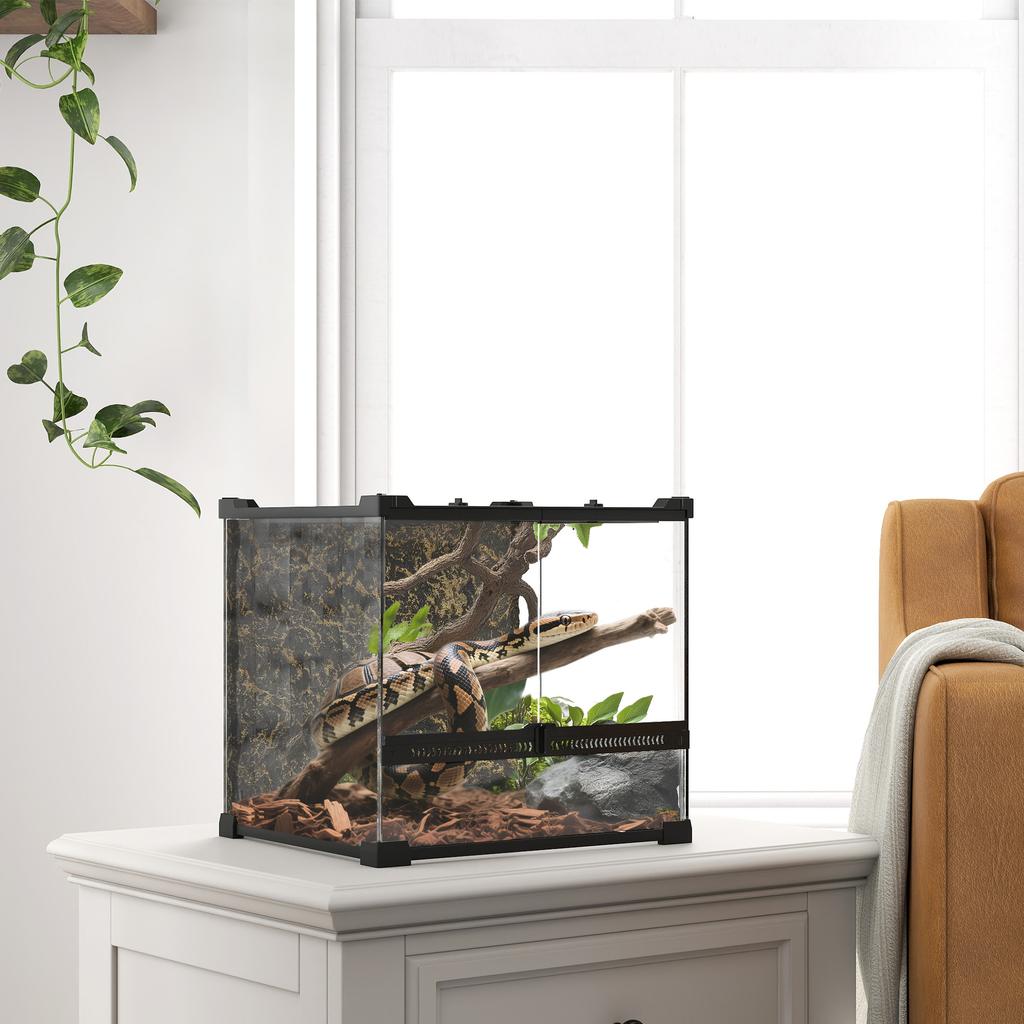 Reptile Glass Terrarium With Stone Background Front Ventilation Escape Proof Knob Lock 30 X 30 X 30 Cm Black