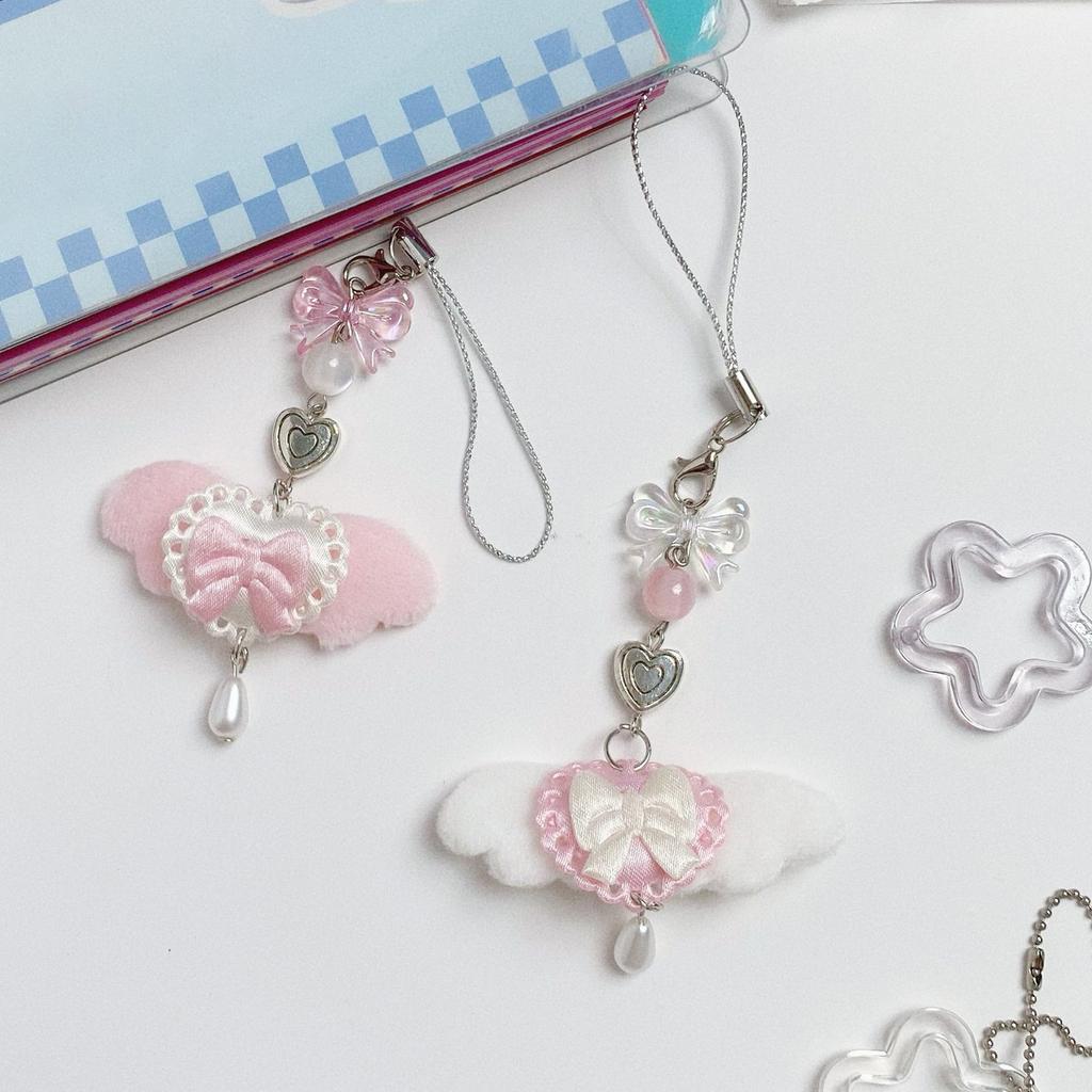 Милый розовый меховой брелок-подвеска для телефона в виде крыла ангела с бантом, уникальное украшение для сумки для девочек, аксессуары в стиле лолиты