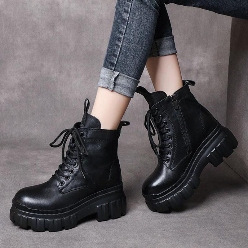 Fashion GKTINOO Women's Genuine Leather Ankle Boots Women Autumn Winter Lace Up Women Punk Boots Flat Ladies Shoes Woman Botas Mujer