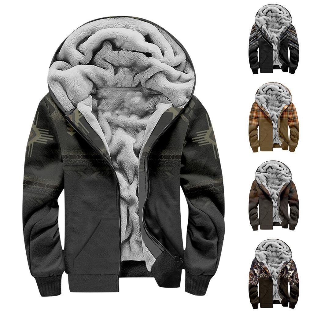 Men's Personalized Casual Printing Long Sleeve Zipper Sweater Thick Cotton Suit Winter
