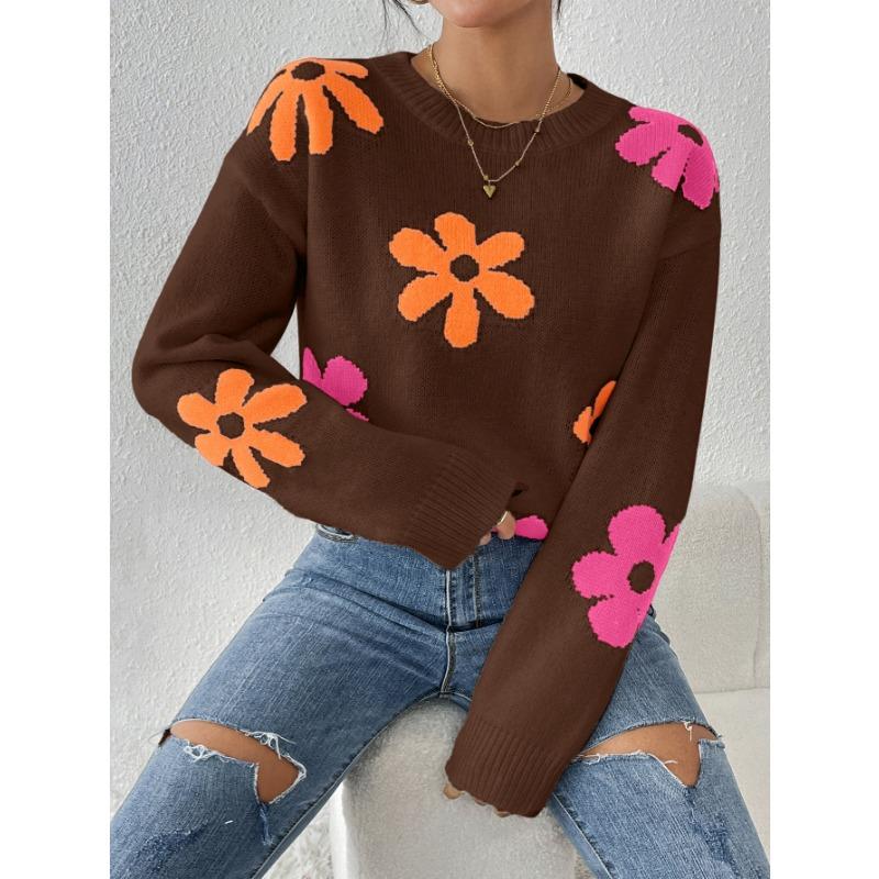 Женский осенне-зимний вязаный свободный свитер с круглым вырезом и цветной аппликацией
