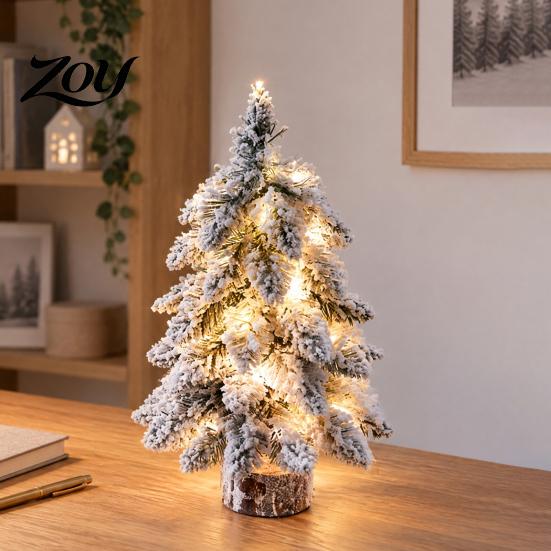 Artificial Cedar Tree with Wood Base Mini Flocked Christmas LED Lights, Small Tabletop Nordic Battery Operated Xmas Decoration Base, Rustic
