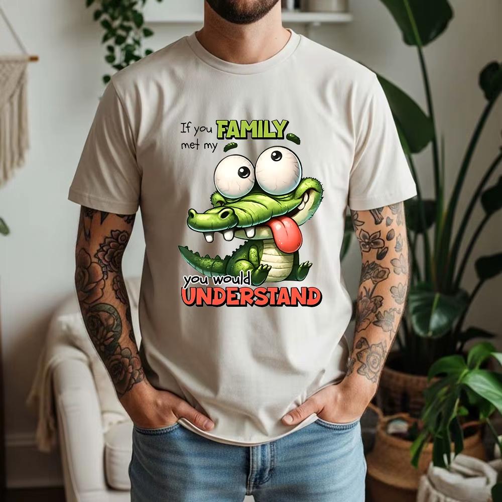 Cartoon Alligator Print Cotton TShirt Soft Breathable Round Neck Short Sleeve Tee Unisex Fun Quirky Style Breathable Soft